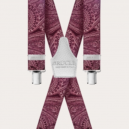 Bretelle elastiche forma a X con disegni paisley burgundy e bianco