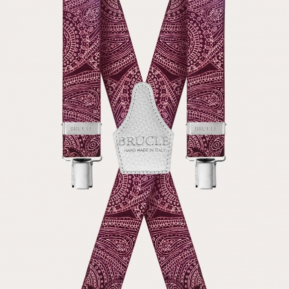BRUCLE Bretelle elastiche forma a X con disegni paisley burgundy e bianco