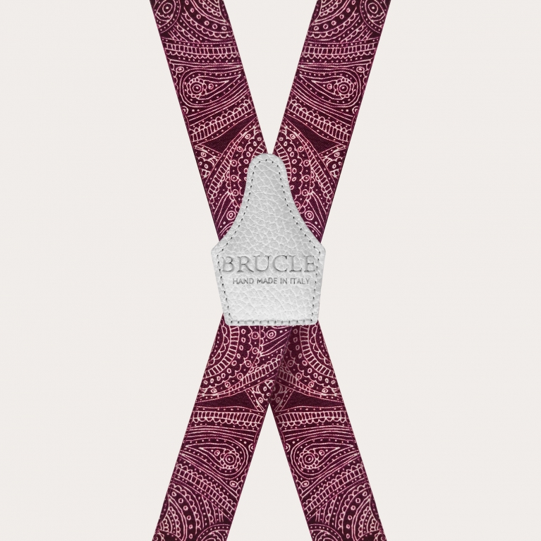 X-shape elastic suspenders with clips, burgundy paisley