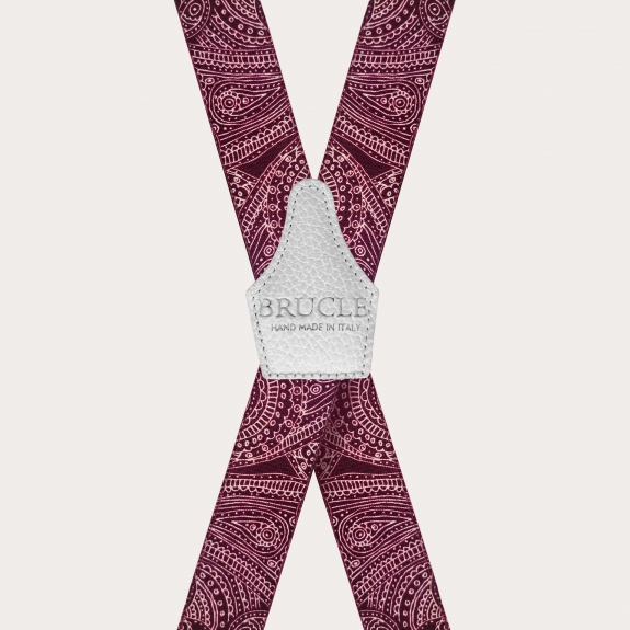 BRUCLE Bretelle elastiche forma a X con disegni paisley burgundy e bianco