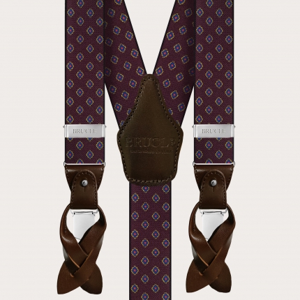 Elastic burgundy suspenders for men with geometric pattern