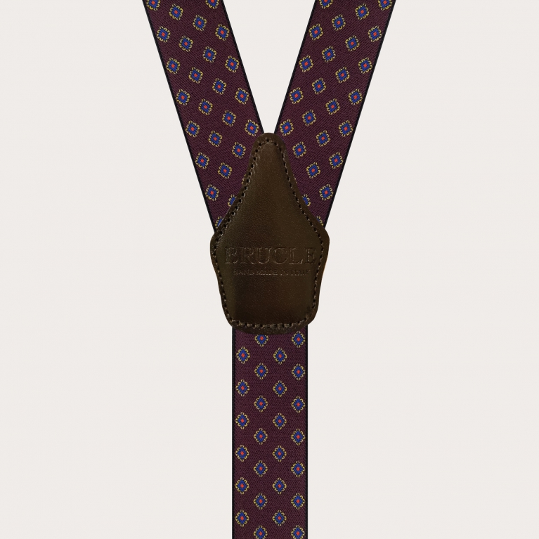Elastic burgundy suspenders for men with geometric pattern