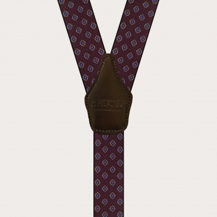 Elastic burgundy suspenders for men with geometric pattern