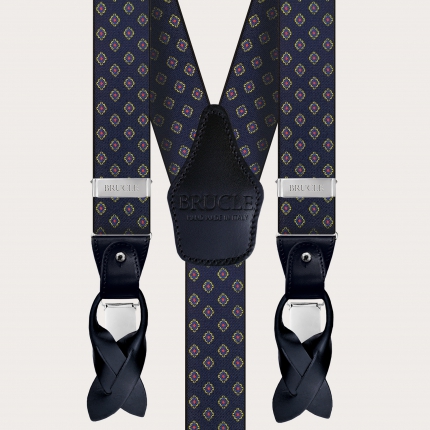 Elastic blue suspenders for men with geometric pattern