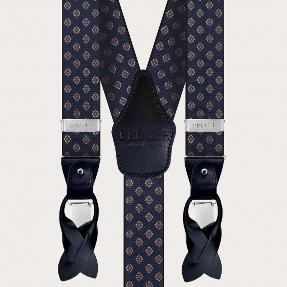 BRUCLE Elastic blue suspenders for men with geometric pattern