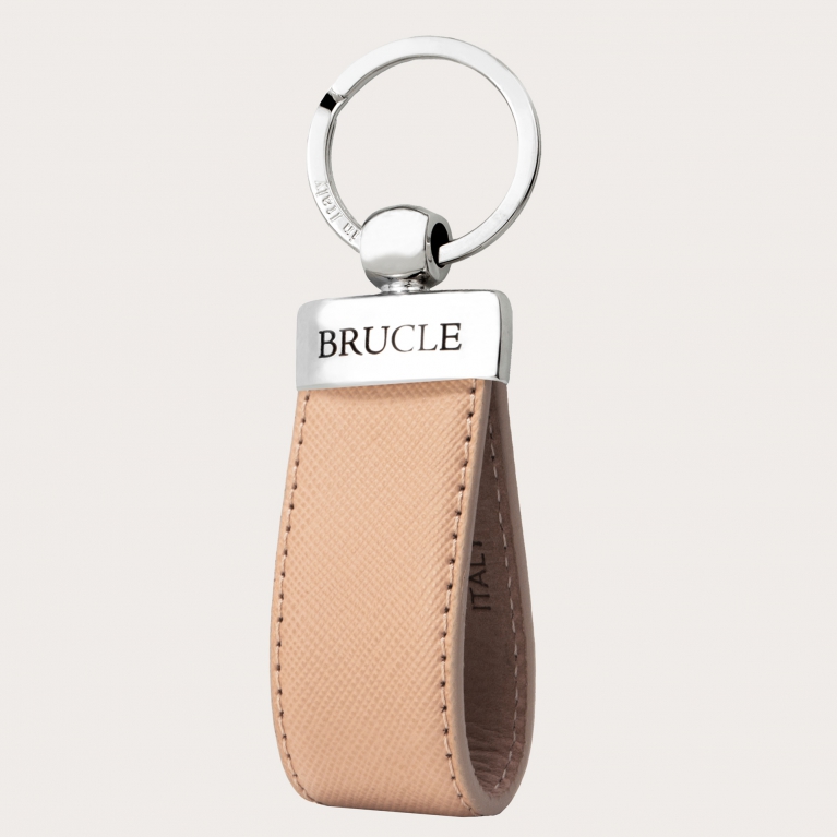 Elegant keychain in genuine leather with saffiano print, taupé