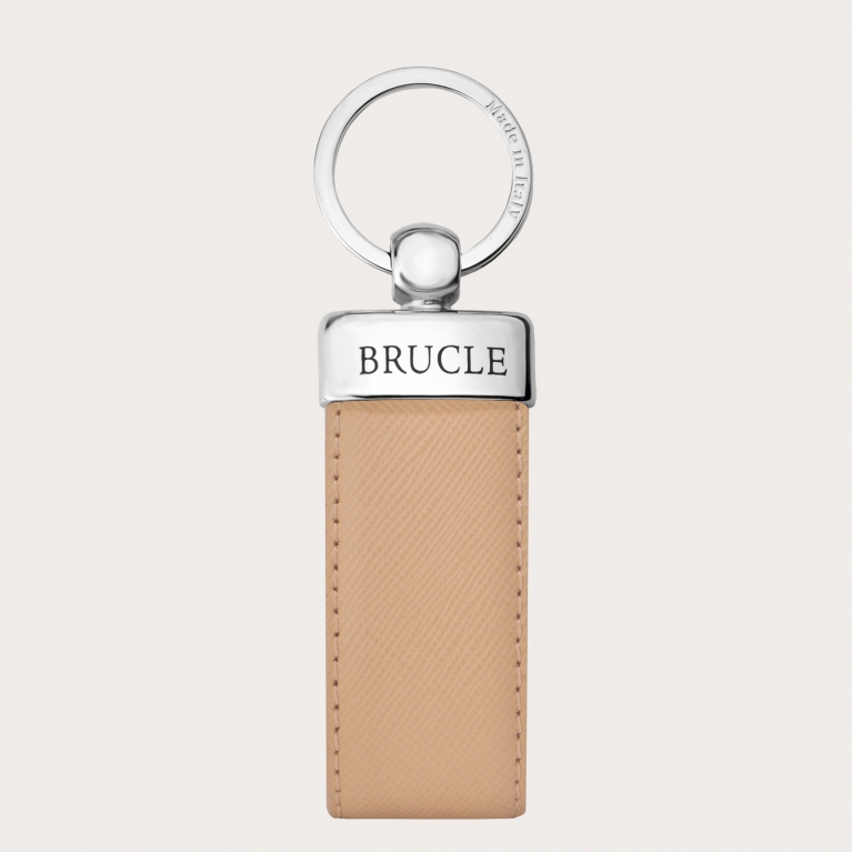 Elegant keychain in genuine leather with saffiano print, taupé