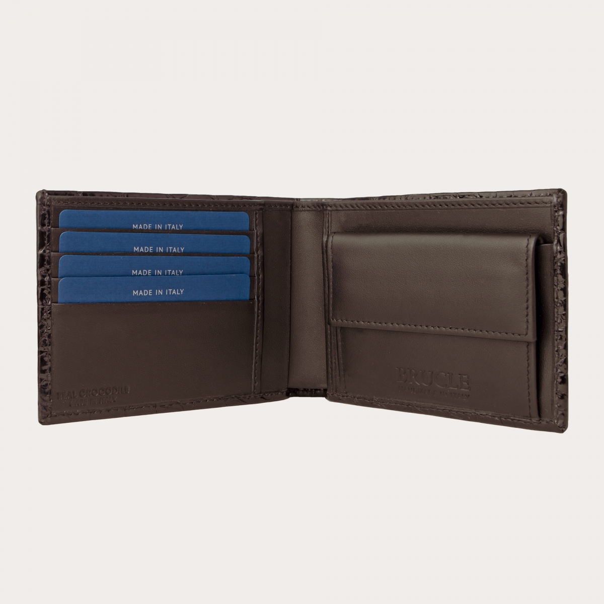 Luxury wallet in genuine crocodile leather with coin purse, dark brown