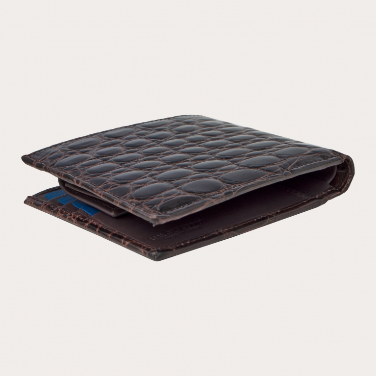 Elegante portafoglio marrone scuro in coccodrillo con portamonete