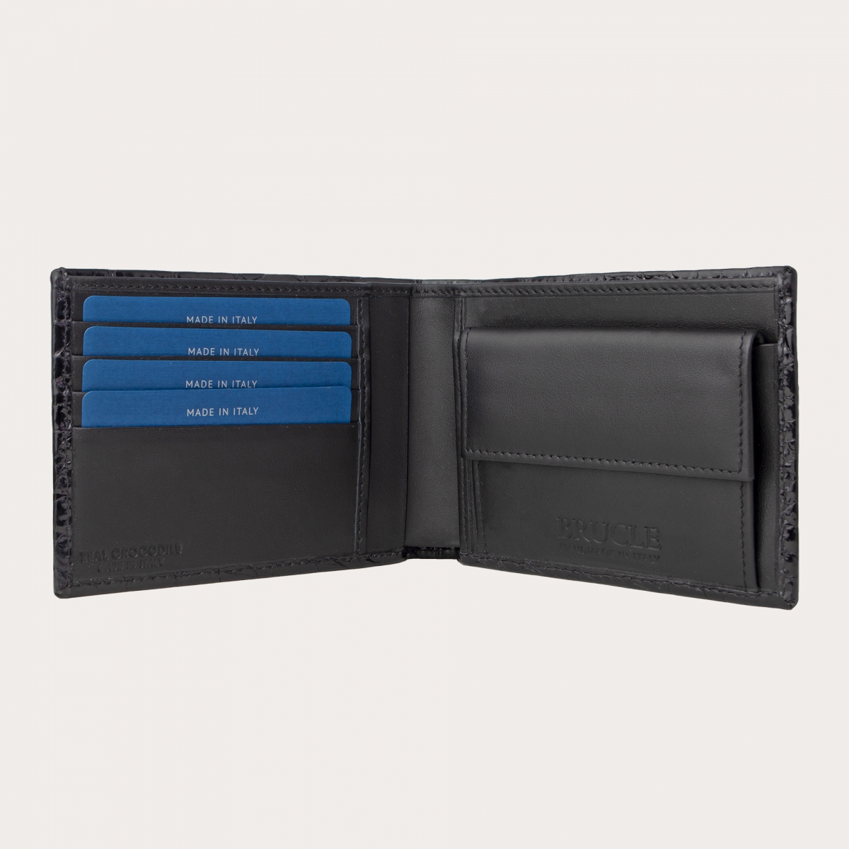 Portefeuille compact en crocodile véritable avec porte-monnaie, bleu nuit