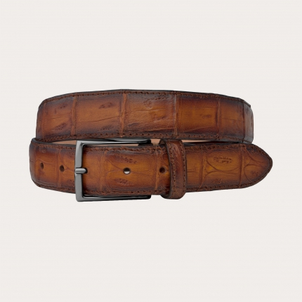 Cinturón refinado patinado nickel free en cola de cocodrilo, marrón y dorado