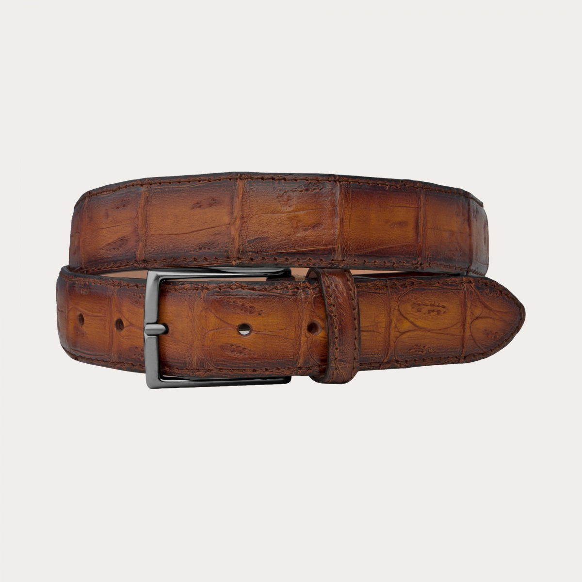 BRUCLE Refined patinated belt in crocodile tail, brown and gold
