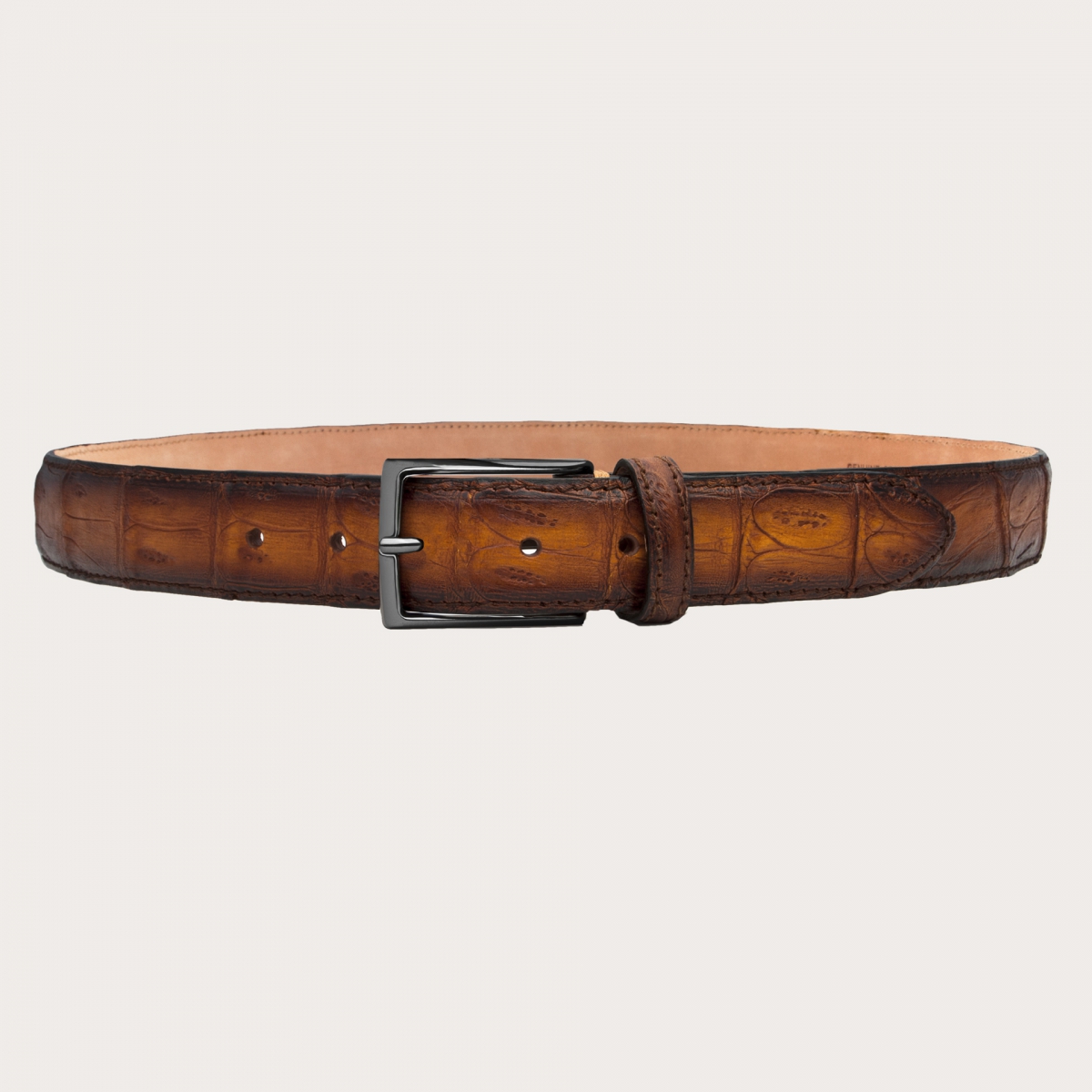 BRUCLE Cinturón refinado patinado en cola de cocodrilo, marrón y dorado