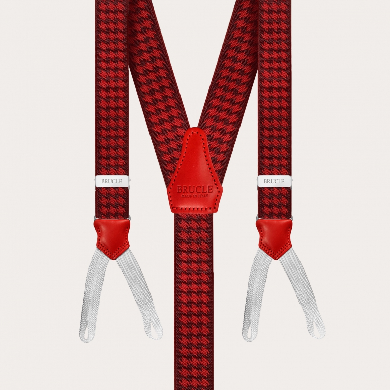 Elegant Y-shape suspenders with braid runners, red pied de poule