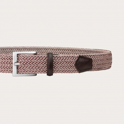 Braided elastic stretch belt, beige and burgundy