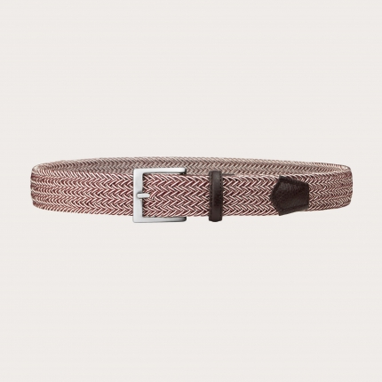 Braided elastic stretch belt, beige and burgundy