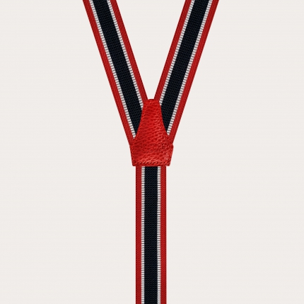 Formal Y-shape suspenders with braid runners, red and blue regimental