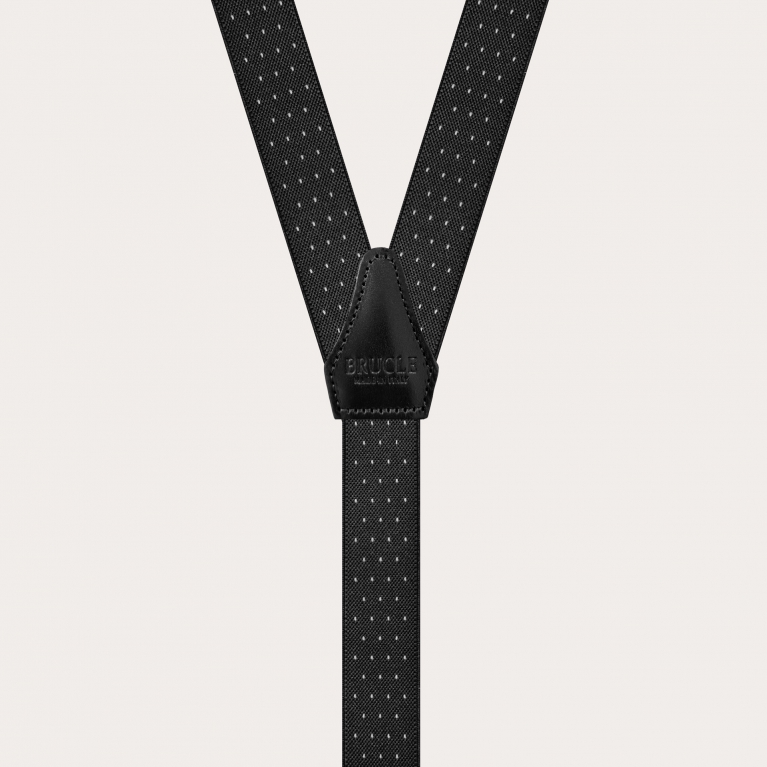 Skinny Y-shape elastic suspenders with clips, white dotted black