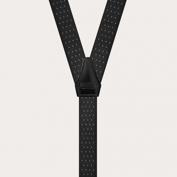 Skinny Y-shape elastic suspenders with clips, white dotted black