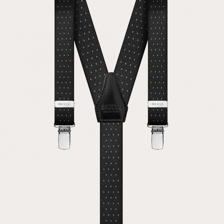 Skinny Y-shape elastic suspenders with clips, white dotted black
