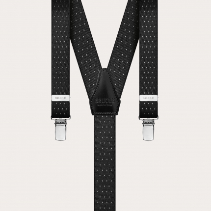 Skinny Y-shape elastic suspenders with clips, white dotted black