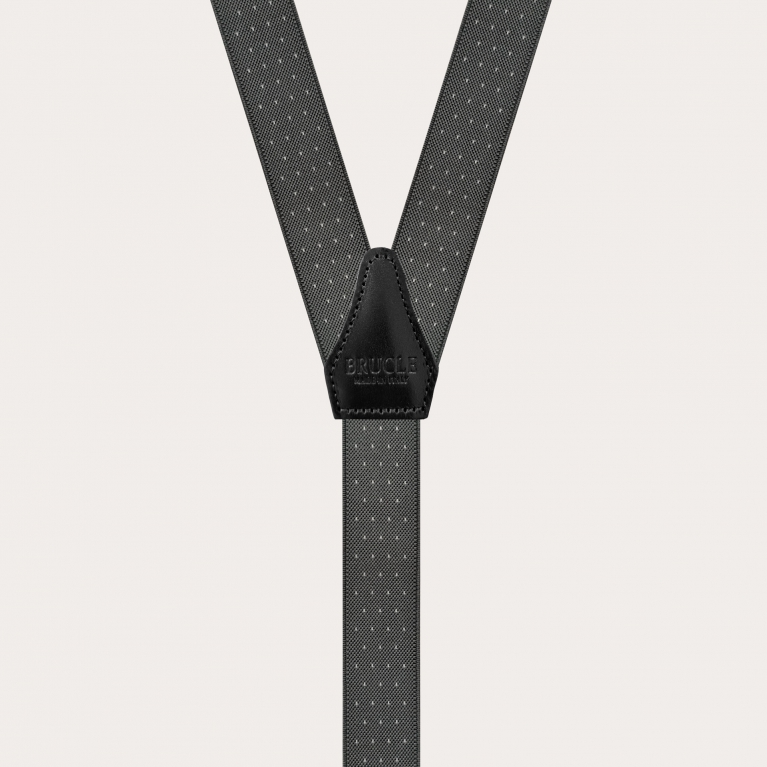 Skinny Y-shape elastic suspenders with clips, white dotted grey
