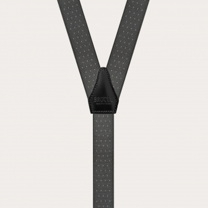 Skinny Y-shape elastic suspenders with clips, white dotted grey