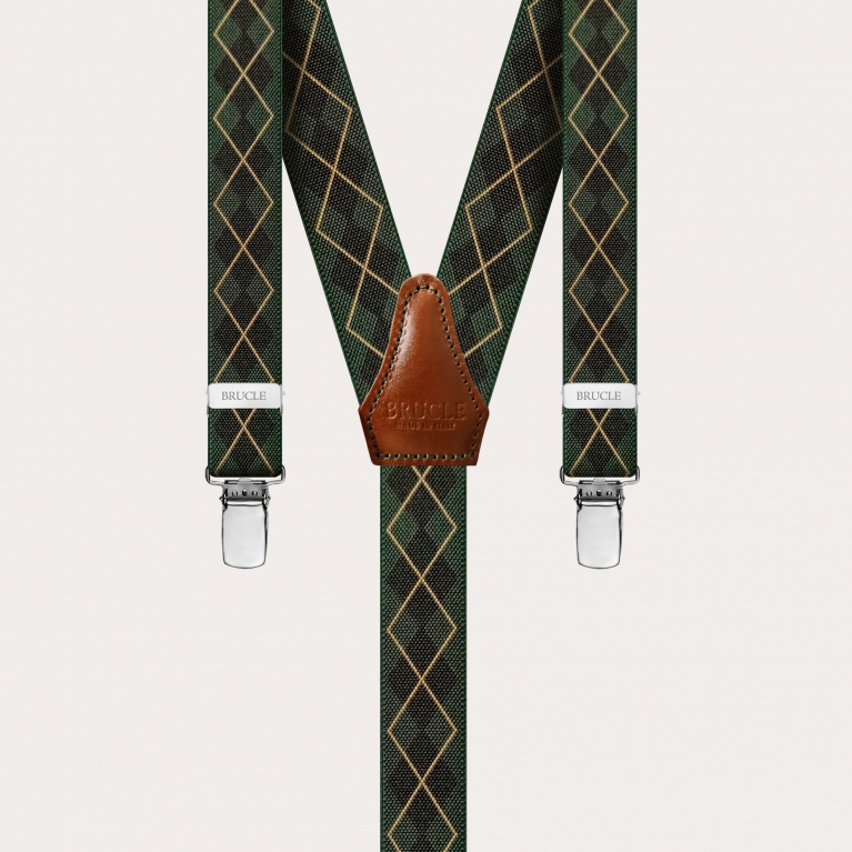 Skinny Y-shape elastic suspenders with clips, green check pattern