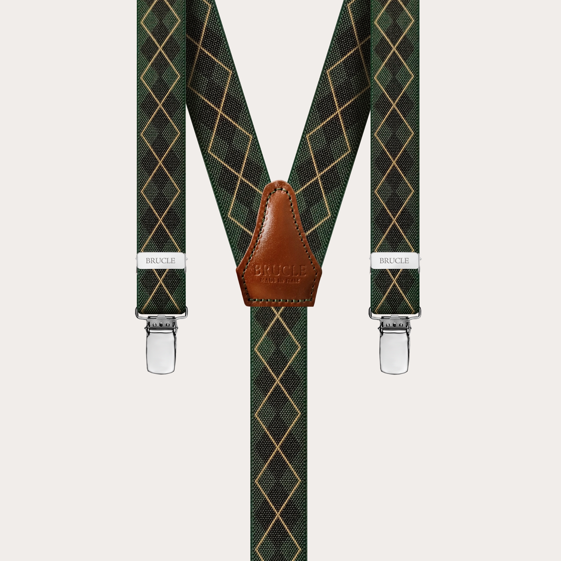 Clip-on Braces Elastic Y Suspenders check tartan green