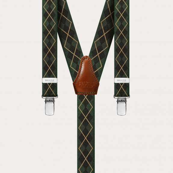 Clip-on Braces Elastic Y Suspenders check tartan green