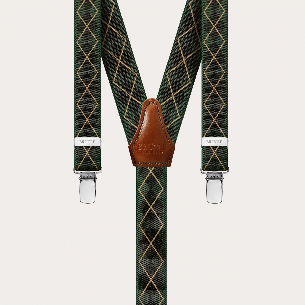 Clip-on Braces Elastic Y Suspenders check tartan green