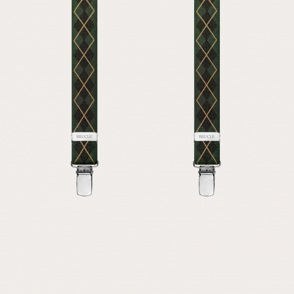 Skinny Y-shape elastic suspenders with clips, green check pattern