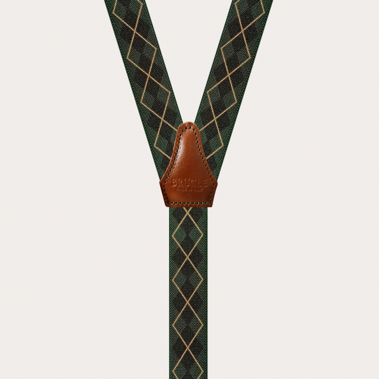 Skinny Y-shape elastic suspenders with clips, green check pattern