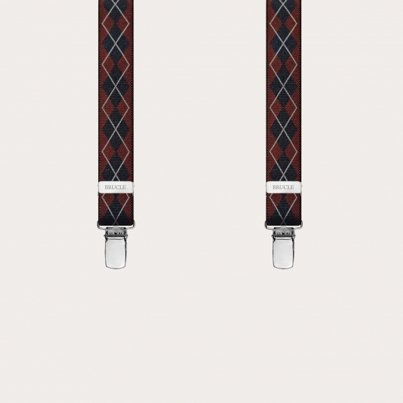 Y-shape elastic suspenders with clips, red and blue check pattern