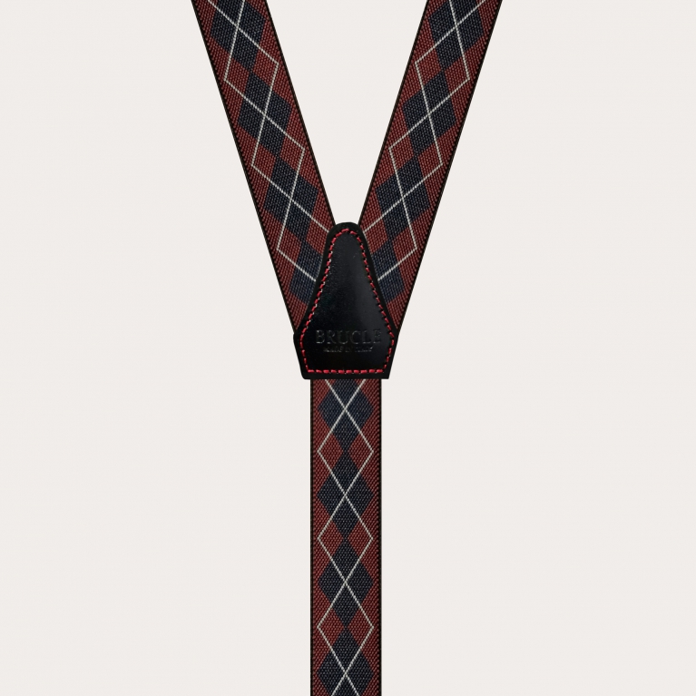 Y-shape elastic suspenders with clips, red and blue check pattern