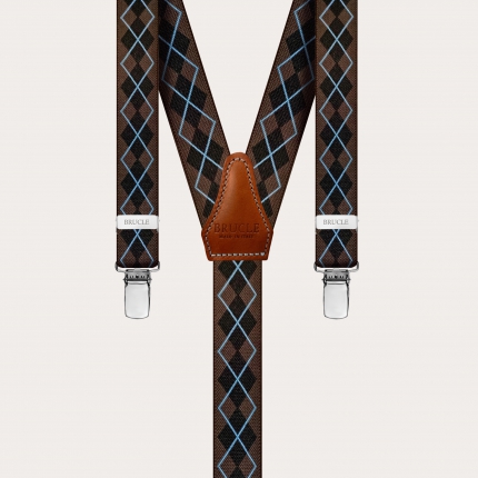 Skinny Y-shape elastic suspenders with clips, brown check pattern