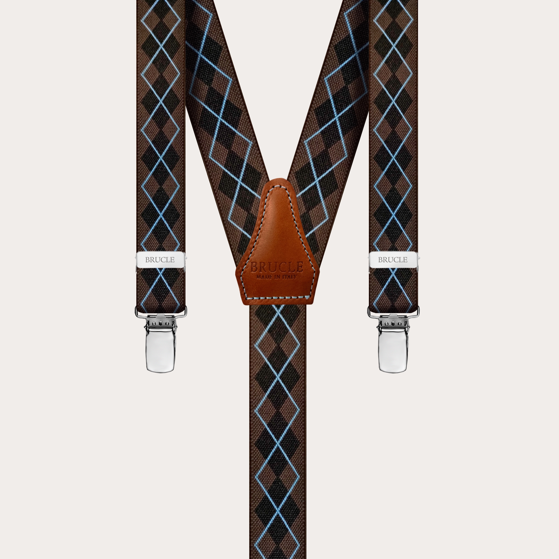 Clip-on Braces Elastic Y Suspenders check tartan brown