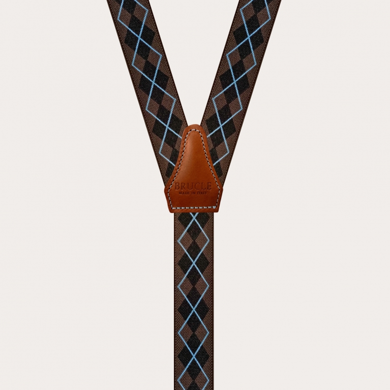 Skinny Y-shape elastic suspenders with clips, brown check pattern