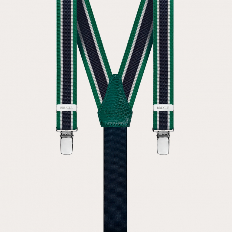 Y-shape elastic suspenders with clips, striped green