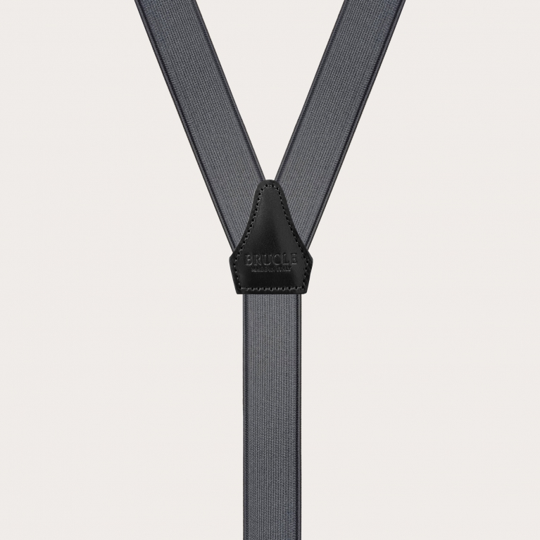 Formal skinny Y-shape elastic suspenders with clips, satin dark grey