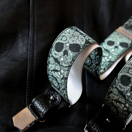 Y-shape elastic suspenders, black with skulls
