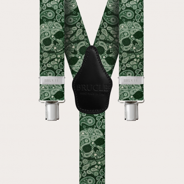 Y-shape elastic suspenders with clips, green skulls