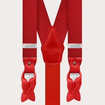 Formal Y-shape fabric suspenders in silk, dotted red pattern