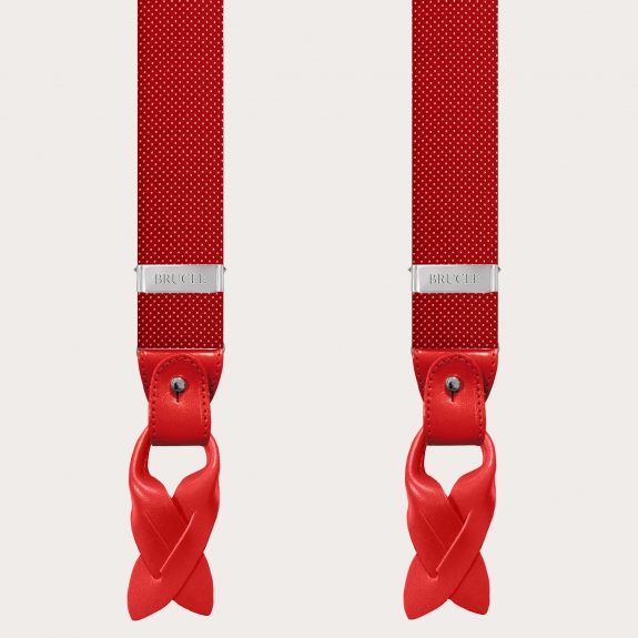 BRUCLE Bretelles larges en soie à motif rouge en pointillé à clip ou boutonniere