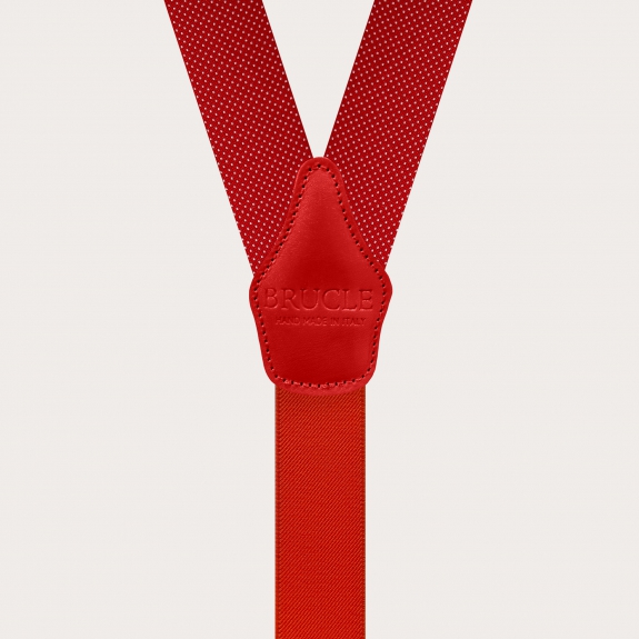 Formal Y-shape fabric suspenders in silk, dotted red pattern