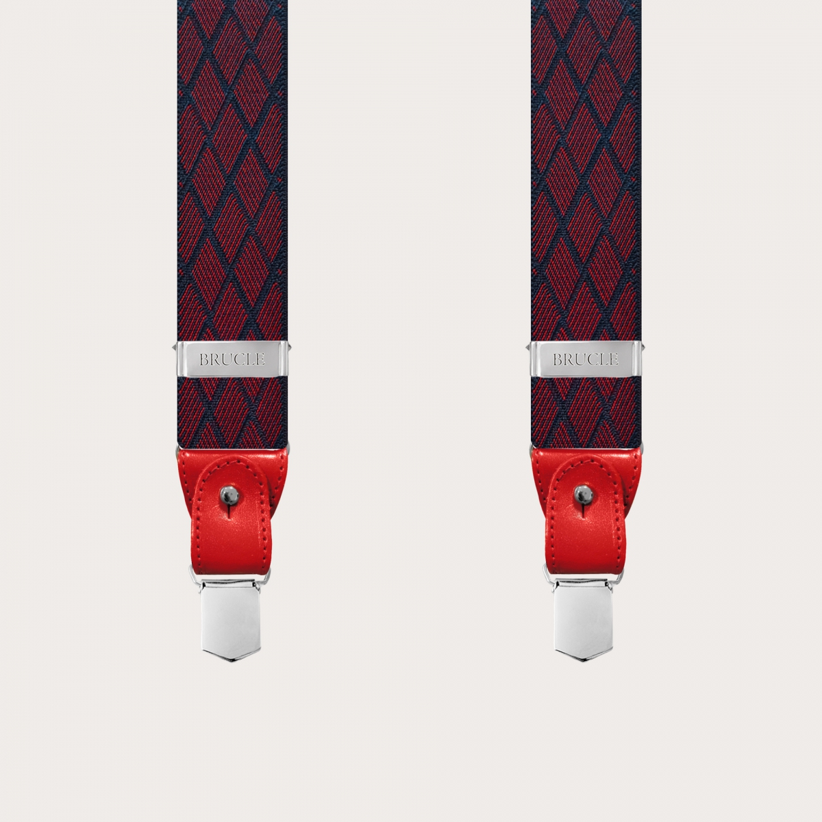 Bretelles larges jacquard bleu rouge, fixation à pinces ou à boutons