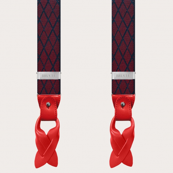 Bretelles larges jacquard bleu rouge, fixation à pinces ou à boutons