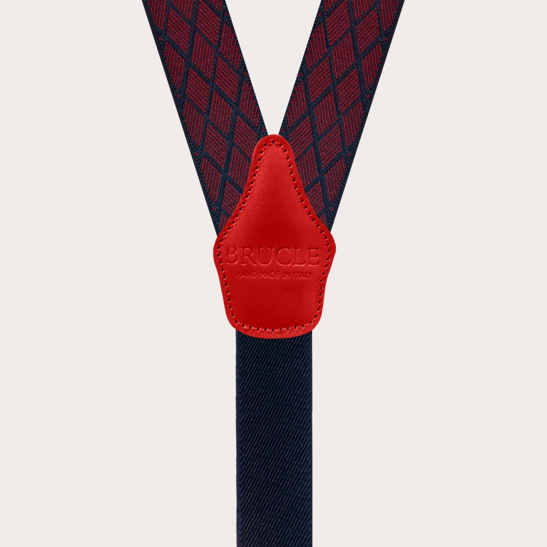 Elegant men's suspenders elastic blue jacquard with red rhombus effect