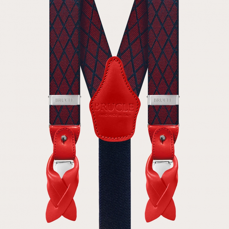 Bretelles élégantes pour hommes en jacquard bleu élastique avec effet losange rouge