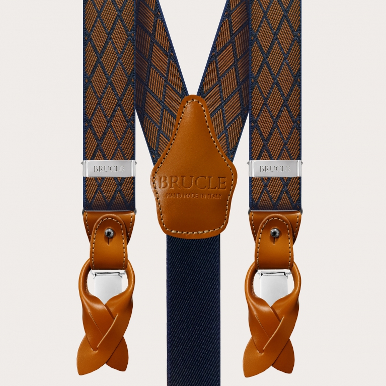 Elegant elastic double-use braces in blue and orange jacquard with rhombus motif